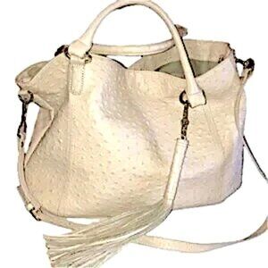 GILI Roma Ostrich Embossed Leather Tote Crossbody Bag Weekend Ivory Gold NWT